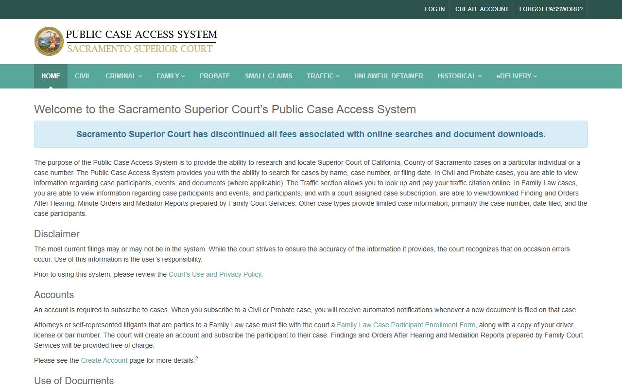 Sacramento County court records public case access landing page