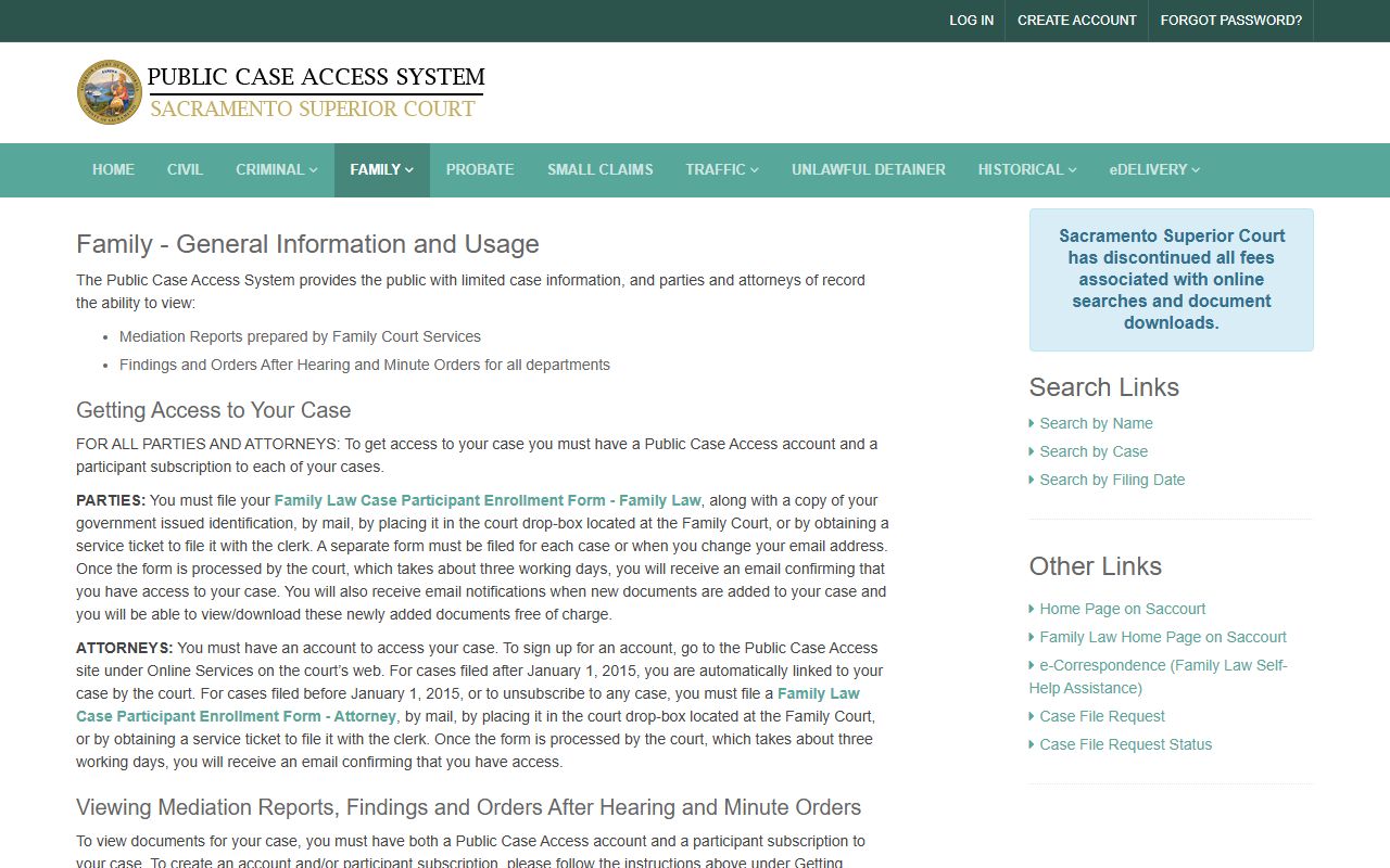 Sacramento County family law case search portal