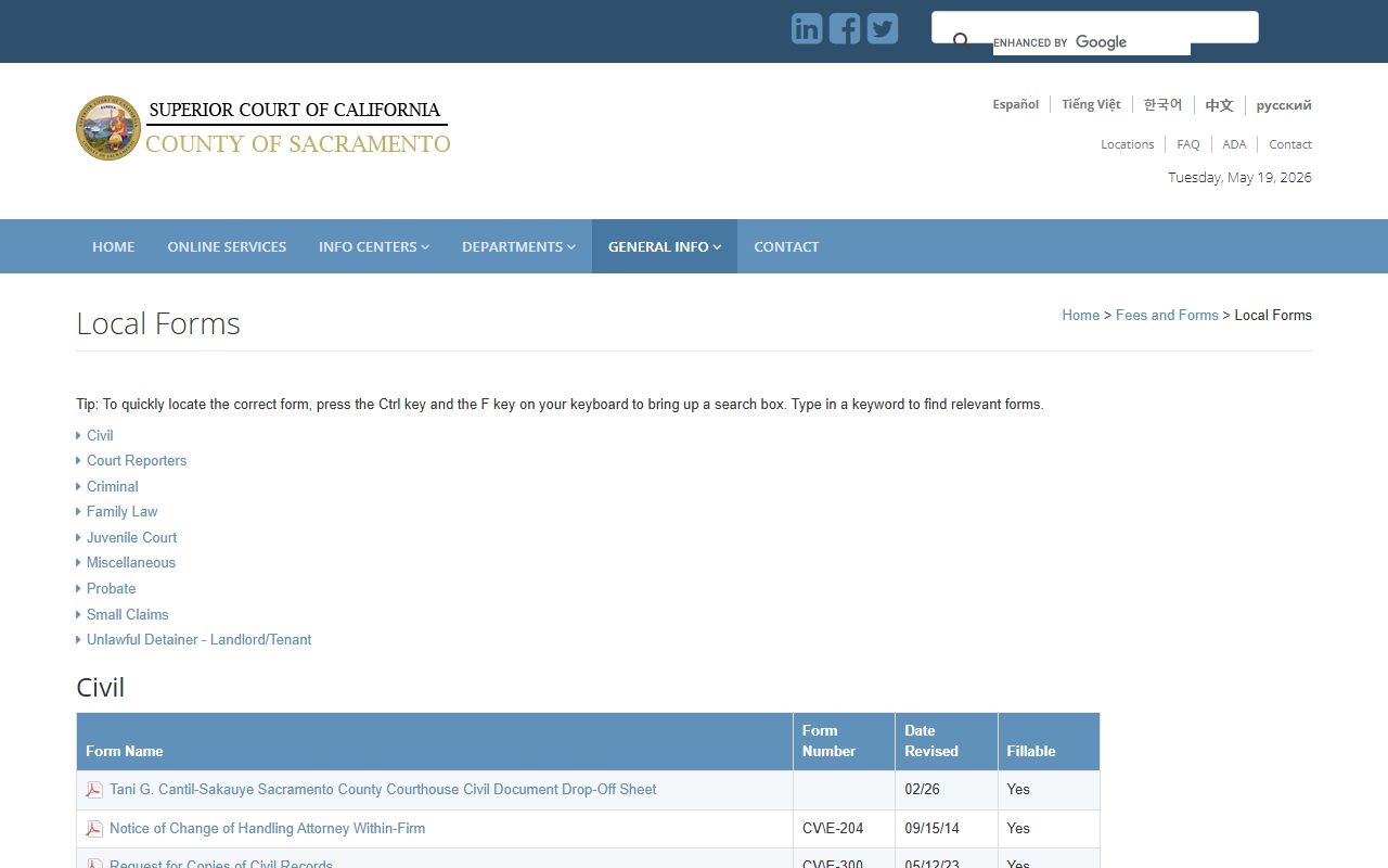 Sacramento County Superior Court forms page